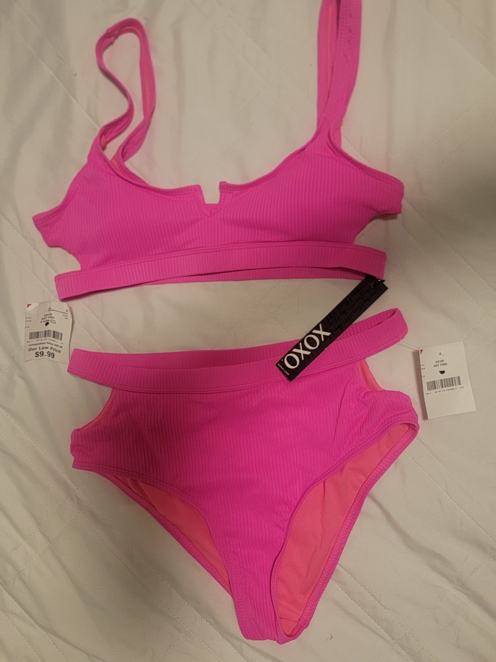 Ribbed Scoop-Front Bikini Set in Hot Pink